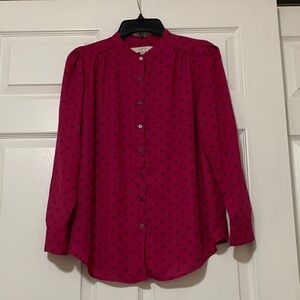 LOFT Magenta Long-Sleeve Feminine Button-Down Blouse with Black Dot Print